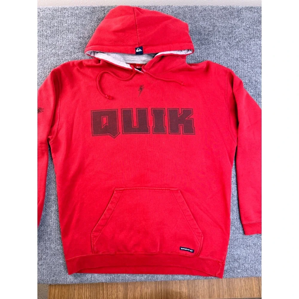 Quiksilver Mens Large Red Graphic Hoodie Cotton Fleece Pullover Skate Sweatshirt